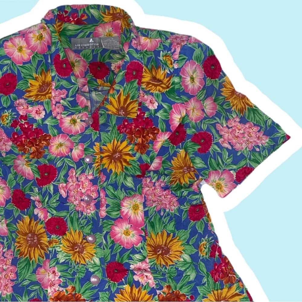 Vintage Blouse Small Liz Claiborne 6 Floral Vibrant Print Shoulder Pads 80s